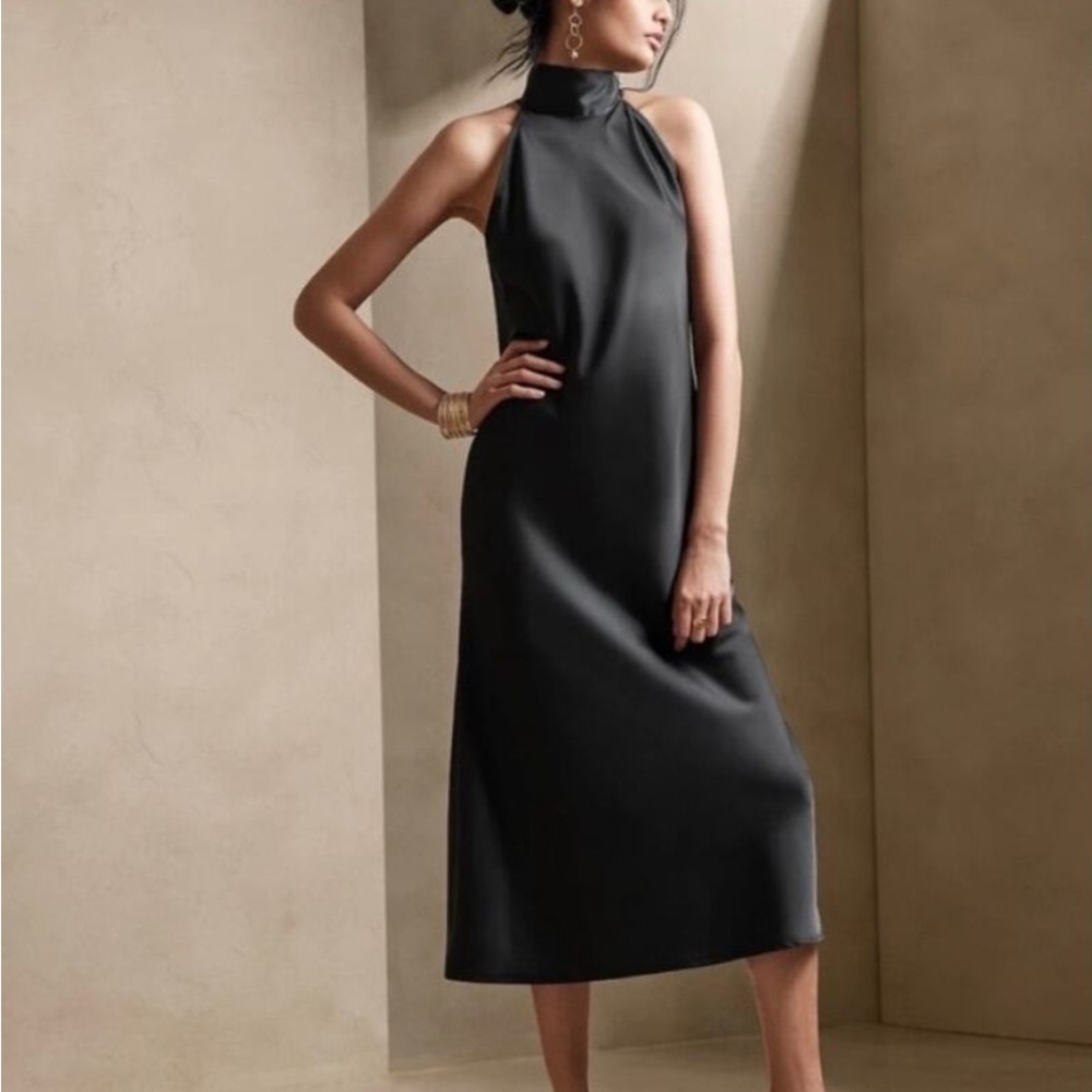 Banana Republic Women’s Charcoal Grey Silky High Neck Maxi Dress Size L